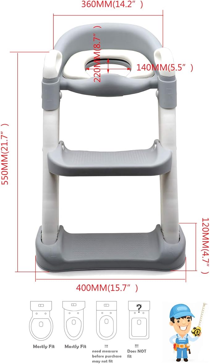 Classic Potty Training Toilet Ladder Seat With Upgraded Cushion Step Stool Ladder Toilet Trainer for Baby Toddler Kids Children In Gray [P/N: ET-BABY002-GRAY-C]