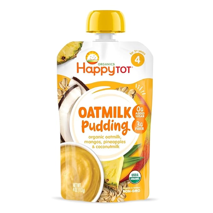 HAPPYTOT Organics Oatmilk Pudding, Dairy-Free, Stage 4 Toddler Snack, Oatmilk, Mangos, Pineapples & Coconutmilk, 4 Ounce Pouch, Pack of 16