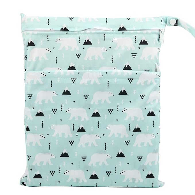Medium Wet Dry Bag Baby Cloth Diaper Nappy Insert Bag Reusable Washable With Two Zippered Pockets (Polar Bear)