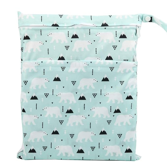 Medium Wet Dry Bag Baby Cloth Diaper Nappy Insert Bag Reusable Washable With Two Zippered Pockets (Polar Bear)