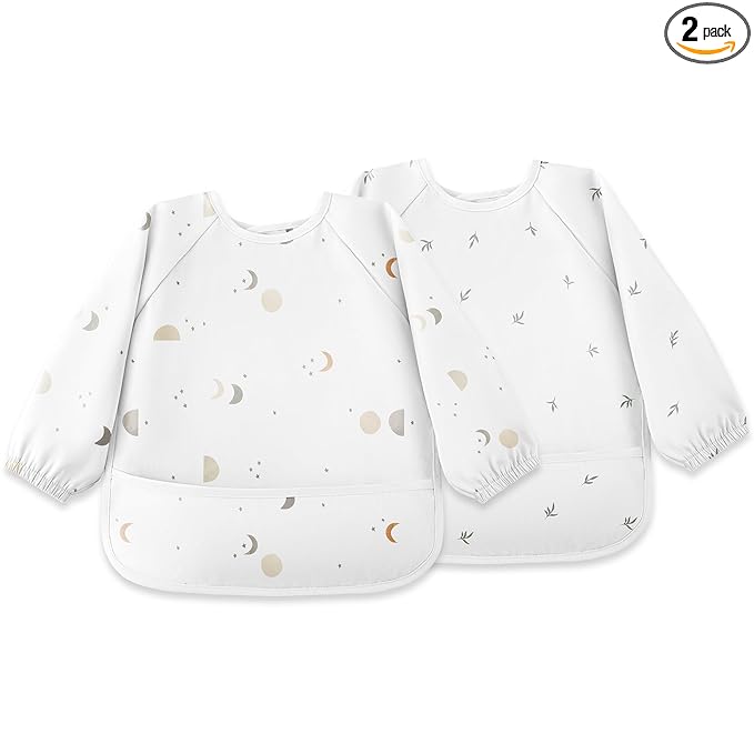 Susurration Baby Bibs with Sleeves for Eating, 2 Pack Reusable Waterproof Bibs Toddler Bibs with Sleeves, 6-36 Months Baby Feeding Essentials - Grey Moon