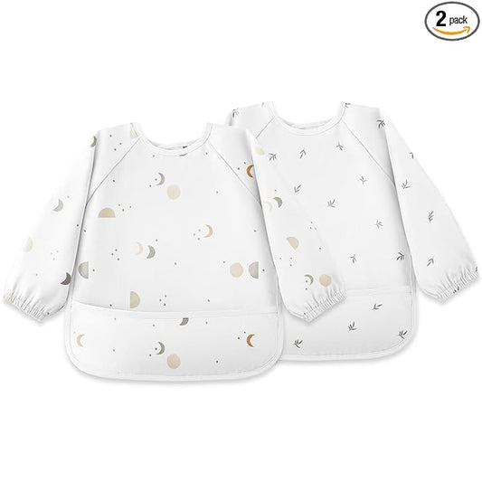 Susurration Baby Bibs with Sleeves for Eating, 2 Pack Reusable Waterproof Bibs Toddler Bibs with Sleeves, 6-36 Months Baby Feeding Essentials - Grey Moon