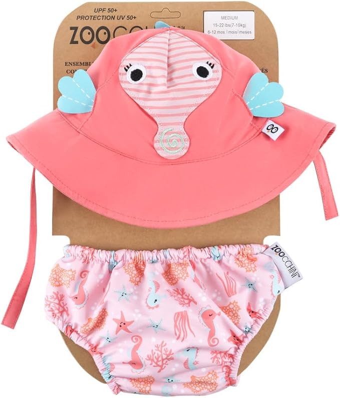 ZOOCCHINI Baby & Toddler Sun Hat & Reusable Swim Diaper Set, UPF 50+ Protection, Chlorine and Salt Water Resistant for Beach and Pool