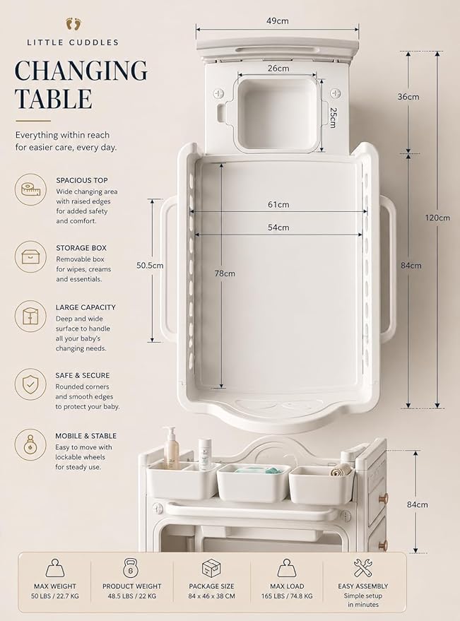 Heavy-Duty Baby Changing Table with Storage & Adjustable Height – Waterproof HDPE Diaper Changing Station for Nursery & Daycare, Removable Care Basin