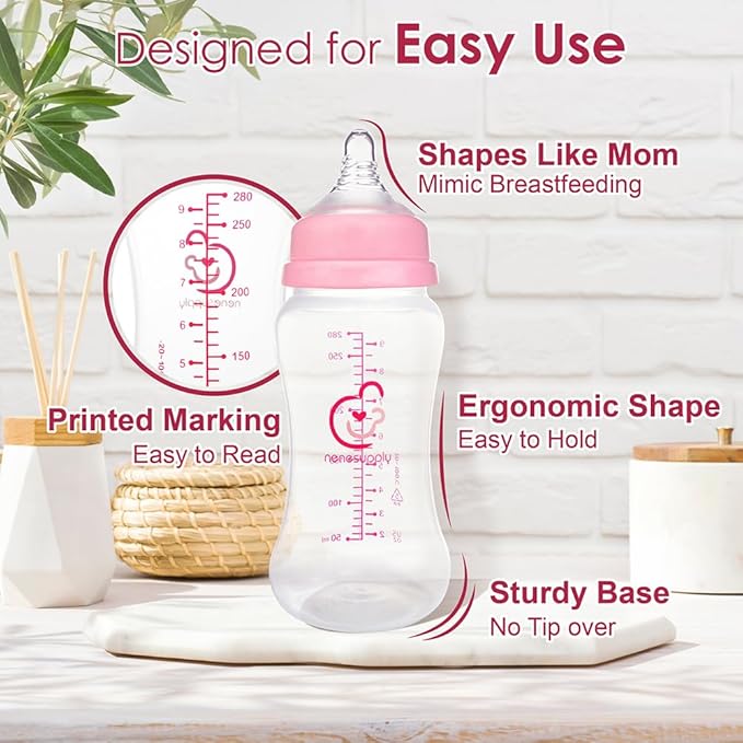 Nenesupply Natural Baby Bottles Newborn Feeding Bottles Slow Flow Breastfeeding Bottle for Breastfed Babies Wide Neck 9oz Anti Colic Level 2 Nipple for 1+ Month Infant Replace Spectra Bottle Pumping