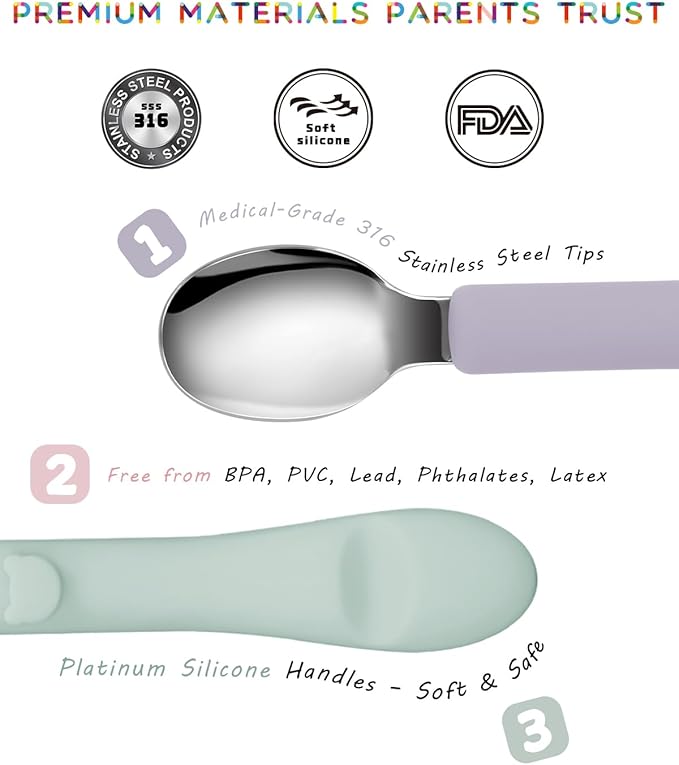 Bakpoco 6PCS Toddler Utensils, 316 Stainless Steel Baby Safe Forks + Spoons with Silicone Handle, BPA Free Dishwasher Safe Kids Silverware Cutlery with Box, Sage/Blush/Lilac