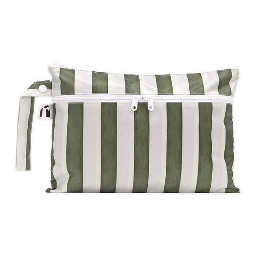 Bumkins Roamio Waterproof Wet Dry Clutch Bag for Baby, Travel, Swim Suit, Cloth Diaper, Pump Parts, Pool, Gym Clothes, Beach, Toiletry, Hook to Stroller, Pack for Daycare, Zip Pack Pouch, Green Stripe