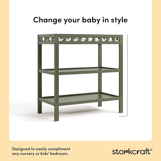 Storkcraft Morningside Changing Table (Olive) – GREENGUARD Gold Certified Baby Changing Table, Includes Waterproof Diaper Changing Pad, Easy 30-Minute Assembly, 2 Open Shelves for Storage