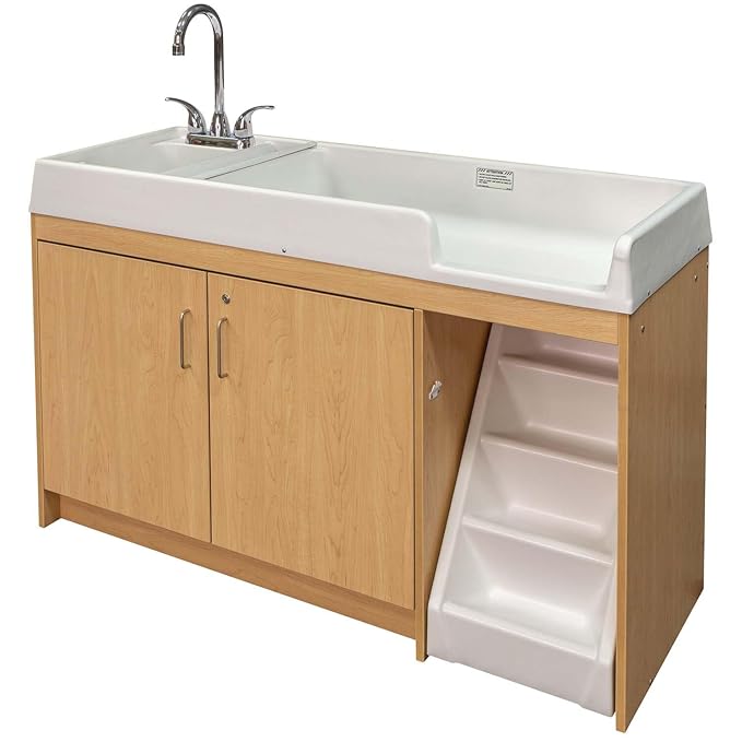 Tot Mate Toddler Diaper Changing Table with Stairs (Right) and Sink (Left) - Ideal Infant Changing Station for Home, Nursery, Daycare - 59-1/2" Wide, Assembled Baby Changer (Maple)