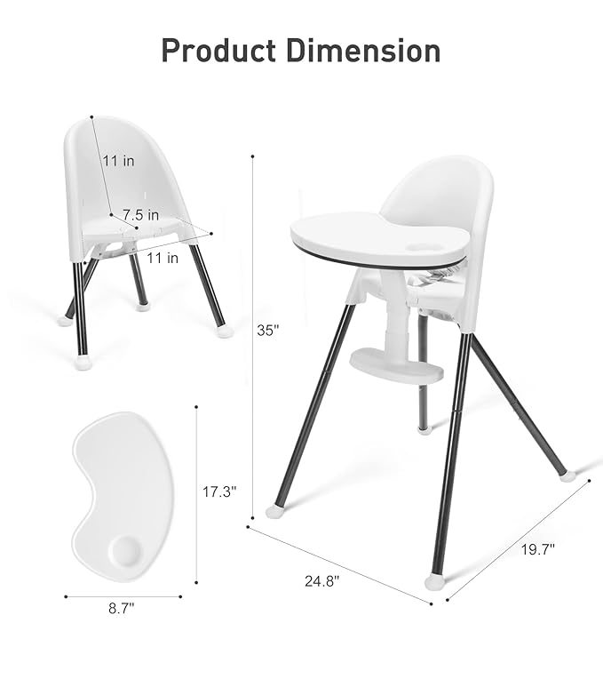 Mallify Foldable High Chair, Space-Saving Portable Baby High Chair with Removable Double Tray, Modern Convertible Baby Feeding Chair, Lightweight, Easy to Clean, White