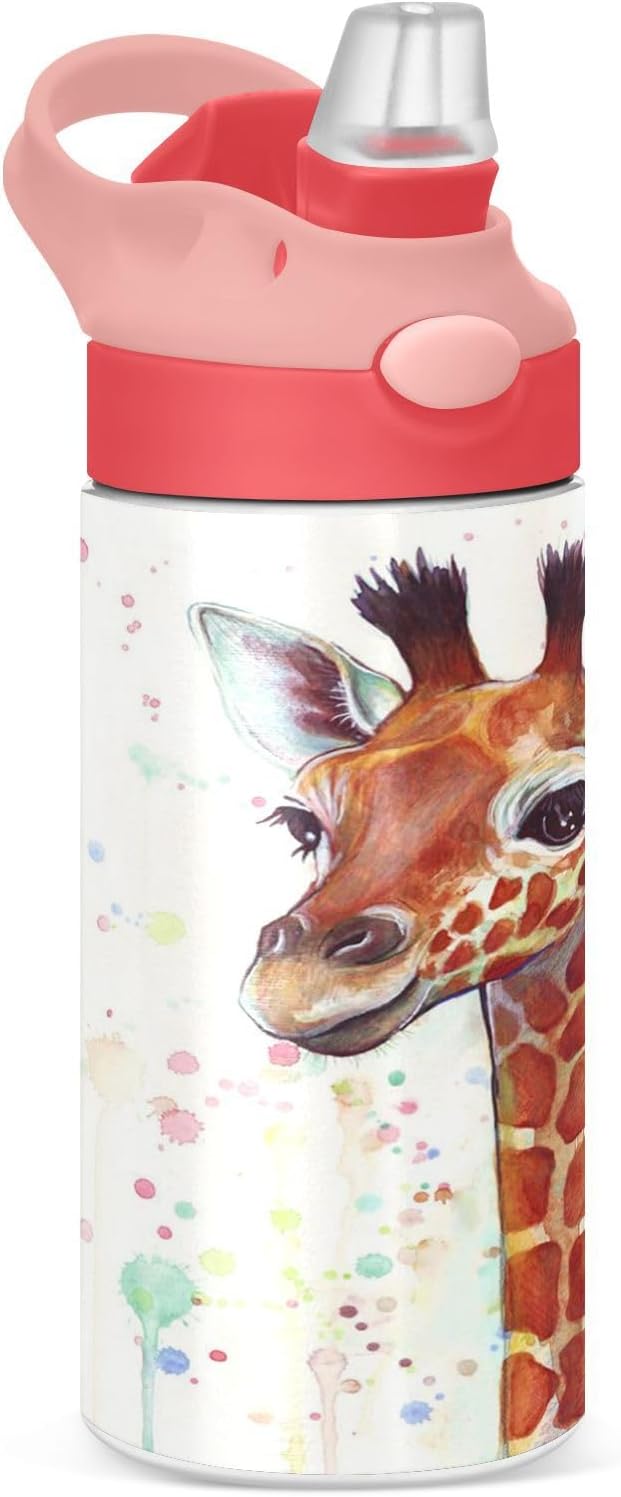 Giraffe Kids Water Bottle with Straw and Carry Handle Cute Animals Vacuum Insulated Stainless Steel Bottles Leak-Proof for Boys Girls Toddler 12 oz Pink Lid