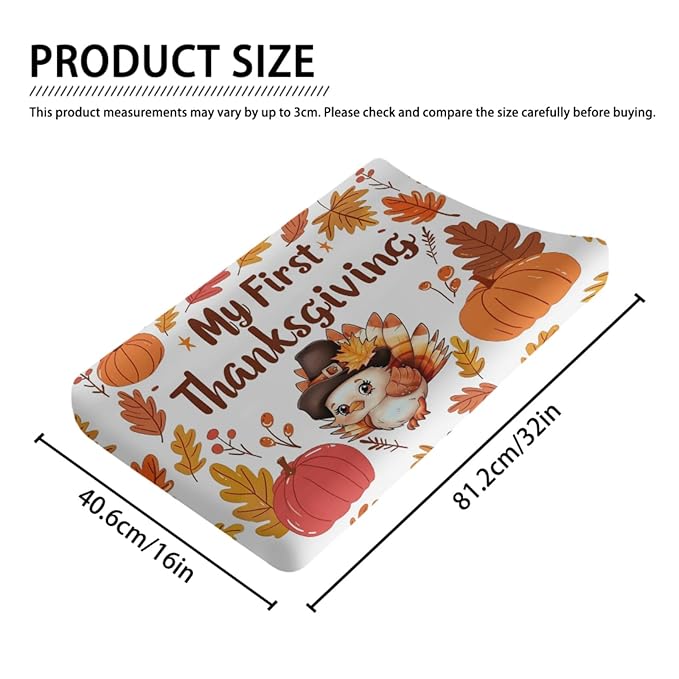 Cute Cartoon Thanksgiving Turkey Autumn Leaves Pattern Baby Changing Pad Cover, Unisex Fall Winter Holiday Nursery Diaper Changing Table Pad Mat Sheet for Boys Girls-16x32