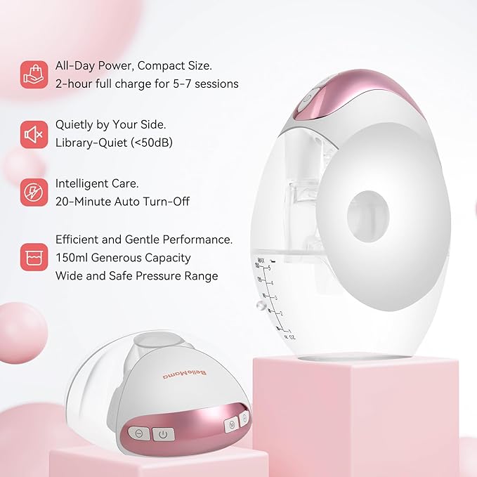 BelloMama Ultra-Slim Double Portable Wearable Breast Pump: Quiet Electric Breastfeeding Essentials with Suction Levels, Auto-Off, Ideal for Yoga, Sport, and Busy Lifestyles