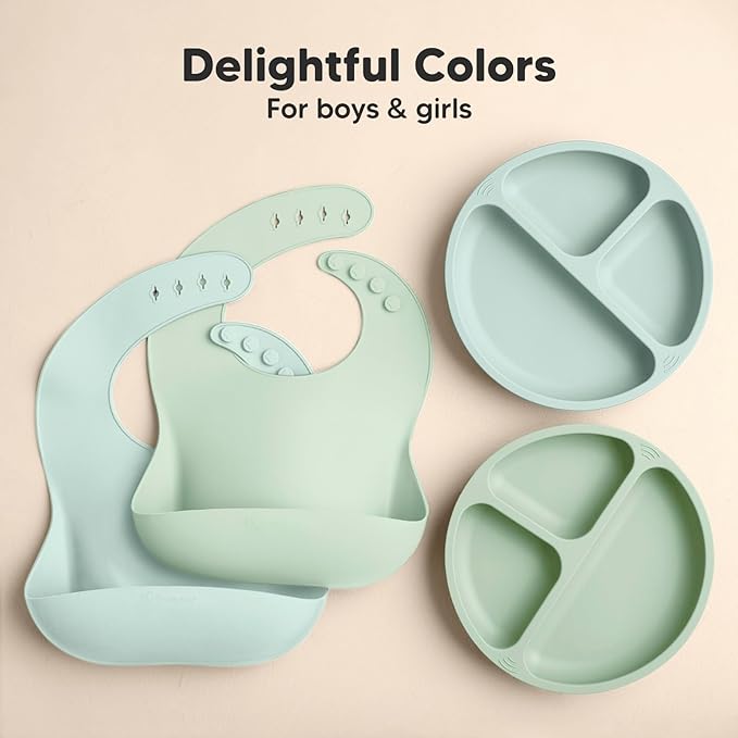 KeaBabies 2-Pack Silicone Bibs for Babies, Toddlers Girl, Boy – Sturdy Food-Grade Baby Bibs for Eating, Large Food Catcher, Clean & Put On Easily, Waterproof Toddler Feeding Essentials(Pastel Sky)