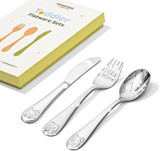 KINGSTONE Toddler Utensils Gift Set, 3-Piece Fork, Spoon & Knife, Large Size, 18/10 Stainless Steel, Cat & Dog Print, Ergonomic Kids Flatware for Self-Feeding, Ideal Birthday or Children Shower Gift