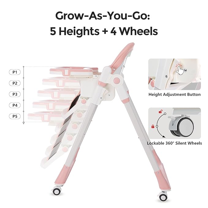 Cochildor 3-in-1 Foldable High Chair for Babies & Toddlers – Adjustable Height, Reclining Seat, 5-Point Safety Harness, Removable Tray, Lockable Wheels, Washable Cushion – Portable & Easy Clean, Pink