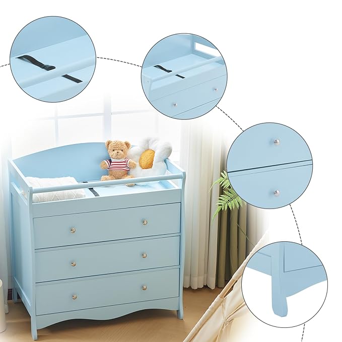 Karl home Changing Table Dresser Baby Diaper Changing Station Infant Nursing Table with 3 Drawers, Safety Rail & Strap for Bedroom, Nursery, Blue