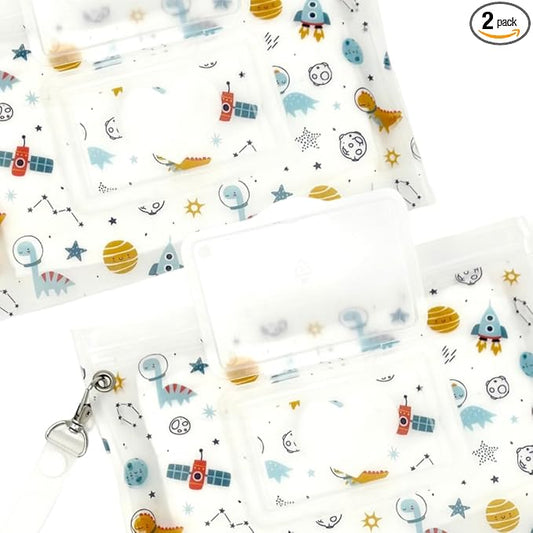 Baby Wipes Dispenser Portable & Refillable Wet Wipe Pouch Pack of 2 Reusable Wipes Holder and Wipe Container, Baby Essential, Makeup Wipe Travel Case - Regular Size, Dinosaurs Love