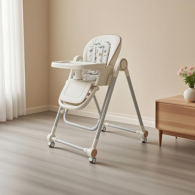 3-in-1 Foldable Baby High Chair with Locking Wheels – Adjustable Feeding Chair, Removable Tray, Detachable PU Cushion for Infants & Toddlers