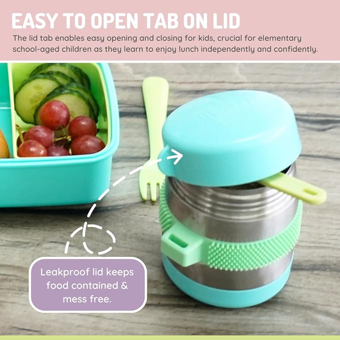 melii Stainless Steel Food Jar, 10.1oz, Double Walled, Vacuum Insulated, Integrated Fork, Airtight & Leakproof, Dishwasher Safe - Blue, Mint, Lime
