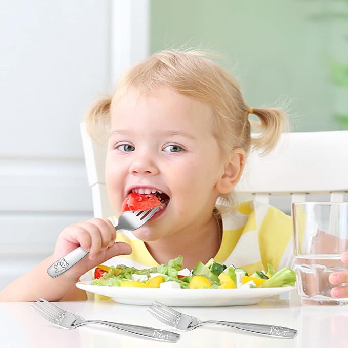 Pimoys 9 Pieces Toddler Forks Kids Fork, Kids Silverware Stainless Steel Childrens Safe Flatware Metal Baby Utensils Set Small Forks for Self Feeding, Dishwasher Safe