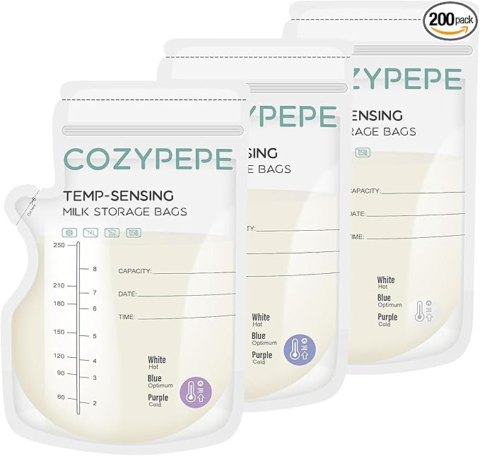 200 Pcs Breastmilk Storage Bags, 8oz Breast Milk Storing Bag with Pour Spout, Temperature-Sensing Color Change Milk Bag for Convenient Breastfeeding, No Leak Presterilized for Freezer