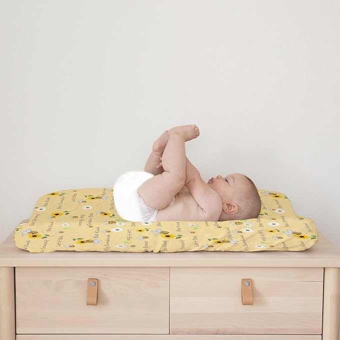 Watercolor Bees Boho Sunflowers Leaves Baby Changing Pad Covers for Boy Girl 32''x16'' Bees Retro Floral Fitted Changing Pad Sheets Bees Soft Diaper Change Table Mats (Yellow, one Size)