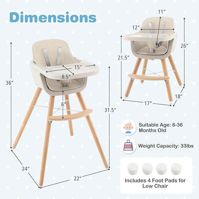 HONEY JOY Baby High Chair, 6-in-1 Eat & Grow Wooden Highchair/Toddler Chair with Removable Tray, 5-Point Harness, PU Cushion and Footrest, Convertible High Chair for Babies and Toddlers(Beige)
