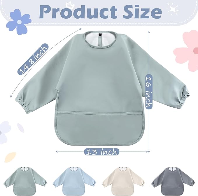JaGely 4 Pack Long Sleeve Baby Bibs Waterproof Smock Bid with Elastic Cuffs Large Pocket for Baby Eating Feeding 6-36 Months