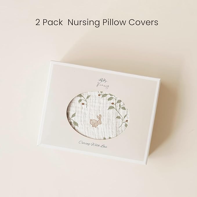 Konssy Muslin Nursing Pillow Covers, Soft and Cute Nursing Covers for Breastfeeding Pillows, Ideal for Newborn Baby Boys and Girls (Fog Green, Sprout) - 2 Pack