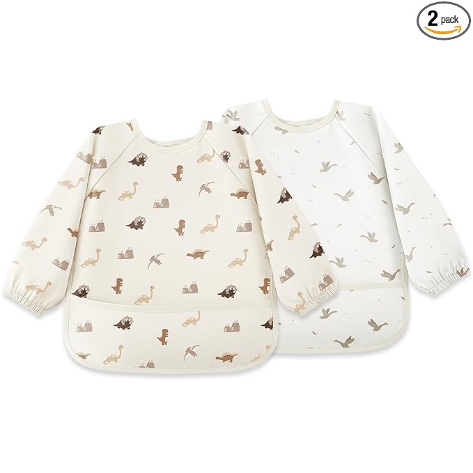 Susurration Long Sleeve Bib for Babies & Toddlers Waterproof Bibs 2 Pack Reusable Feeding Bibs with Sleeves with Food Pocket, 6-36 Months Baby Eating Essentials - Brown Dinosaur