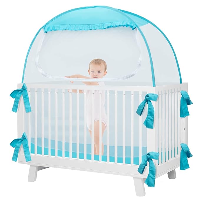 L RUNNZER Baby Pop Up Tent, Toddler Safety Net to Keep Baby from Climbing Out, See-Through & Breathable Crib Canopy Against Falls & Bites, Fits Most Standard Cribs