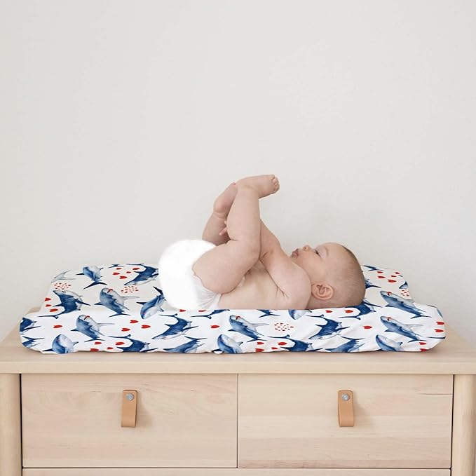 Sea Shark Hearts Changing Pad Cover Marine Ocean Animal Shark Love Baby Change Table Pad Cover for Boys Girls Soft Stretchy Fitted Diaper Changing Mat Sheets 32''x16''