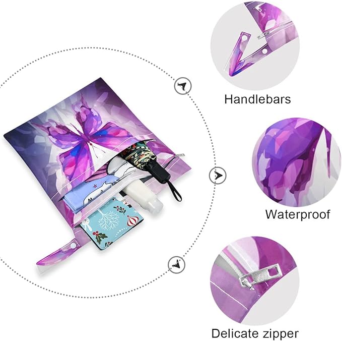 Blueangle Reusable Wet Dry Bag for Cloth Diapers & Swimsuits | Waterproof Travel Wet Bag with Purple Butterfly Design | 2-Pack Leakproof Storage for Beach Toiletries, Wet Clothes