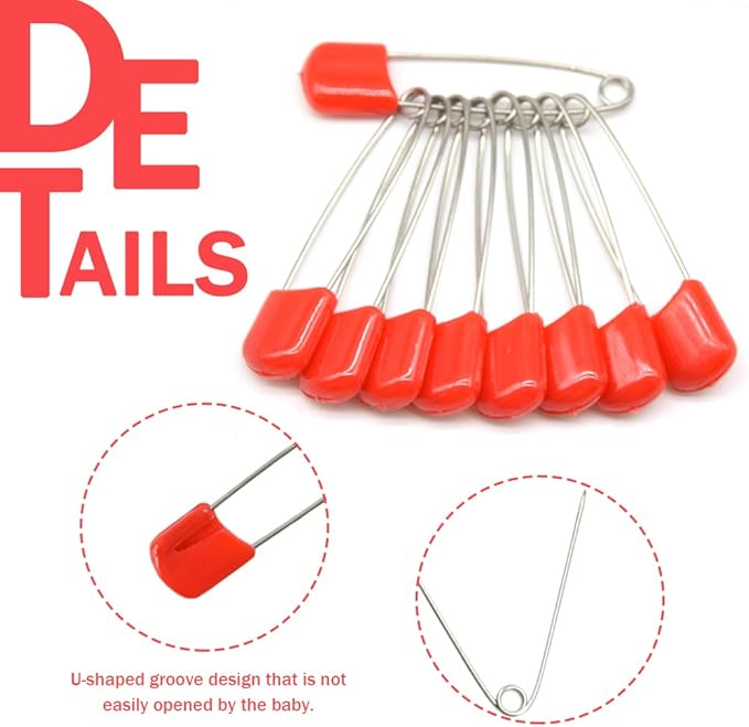 50 PCS Safety Pin 54mm/2.2in Baby Diaper Pins for Cloth Plastic Head Baby Pins for Diapers Stainless Steel Cloth Pins with Locking Closures Nappy Pin for Crafts（DT/Red）