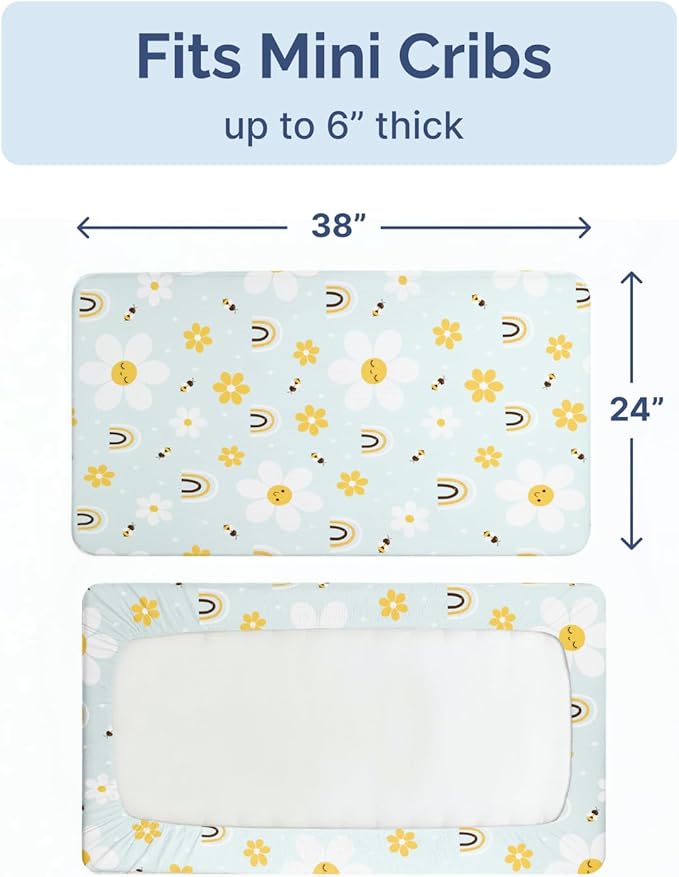 2-Pack Mini Crib Sheets Fitted - Pack N Play Sheets for Pack and Play Mattress - Stretchy Soft Microfiber Playard Bedding - Mini Toddler Bed Cover for Boys & Girls - Oeko-Tex, 38 x 24in, Rainbow Bloom