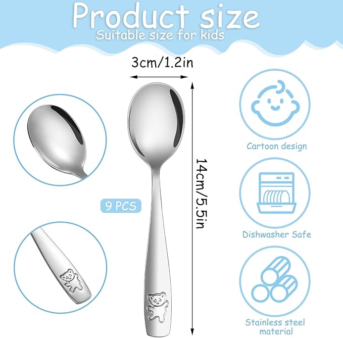 Pimoys 9 Pieces Toddler Spoons Kids Spoons, Kids Silverware Stainless Steel Toddler Utensils Metal Kids Cutlery Set Baby and Children Safe Flatware, Perfect for Small Hands