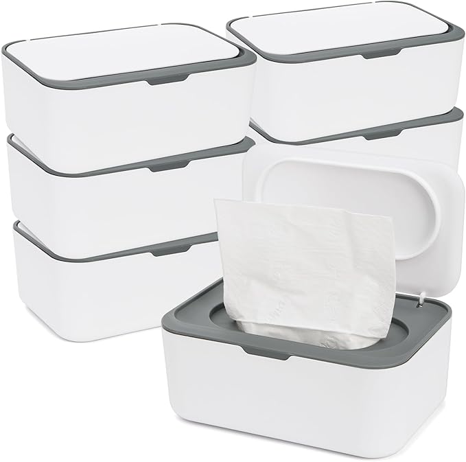 Hiceeden 6 Pcs Baby Wipes Dispenser, Easy Pull Wipe Holder with Concave Surface Lid, Non-slip Wipe Cases Containers with Sealing Design for Bathroom, Baby Nursery, Grey