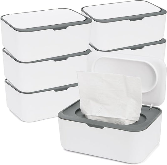 Hiceeden 6 Pcs Baby Wipes Dispenser, Easy Pull Wipe Holder with Concave Surface Lid, Non-slip Wipe Cases Containers with Sealing Design for Bathroom, Baby Nursery, Grey