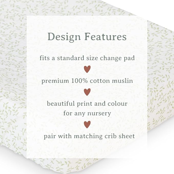 lulujo Baby Changing Pad Cover 100% Cotton Muslin Fitted Standard Size, 32 x 16 Inches, Greenery