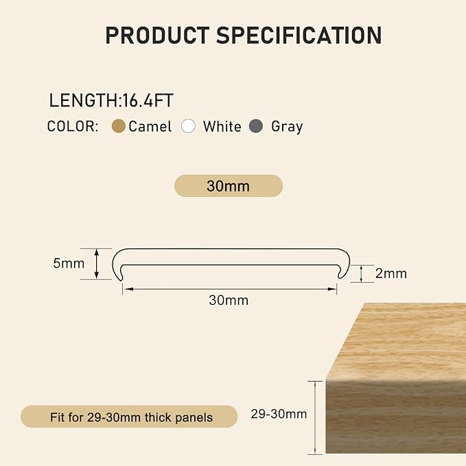 16.4ft U-Shape Edge Banding, HeiPen Self Adhesive Rubber Edge Trim, TPE Flexible Furniture Edge Protector for Wood Veneer Cabinet Repair Furniture Restoration (30mm, Gray, 1)