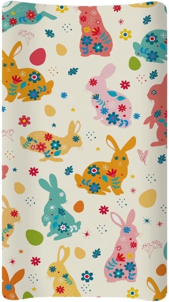 Colorful Rabbit Changing Pad Cover for Baby Girls Boy Yellow Diaper Change Table Covers Soft Stretchy Changing Mat Sheets Cover Cute Gifts for Baby