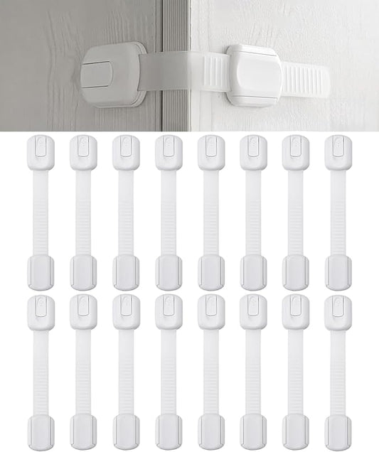 Bates- Child Safety Strap Locks, 16 Pack, White, Baby Cabinet Locks with Adjustable Strap Length