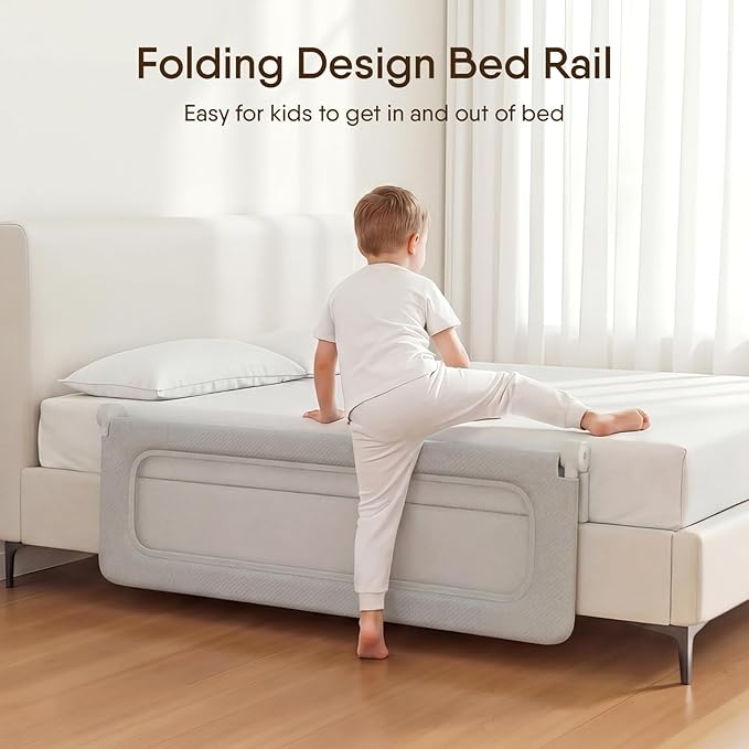 Folding Bed Rail for Toddlers, Baby Bed Rail Guard with Reinforced Anchor Safety System, Toddler Bed Rails for King Size Beds, Twin, Full, Queen (Grey, 59" L x 21.6" H)