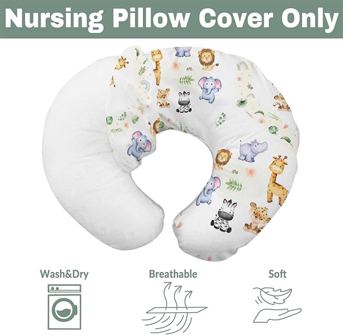 Safari Animals Tropical Leaves Flowers Baby Nursing Pillow Covers for Boy Girl Zoo Jungle Rainbow Nursery Pillowcase for Breastfeeding Pillows Lion Giraffe Elephant Hippo Soft Stretchy Slipcovers