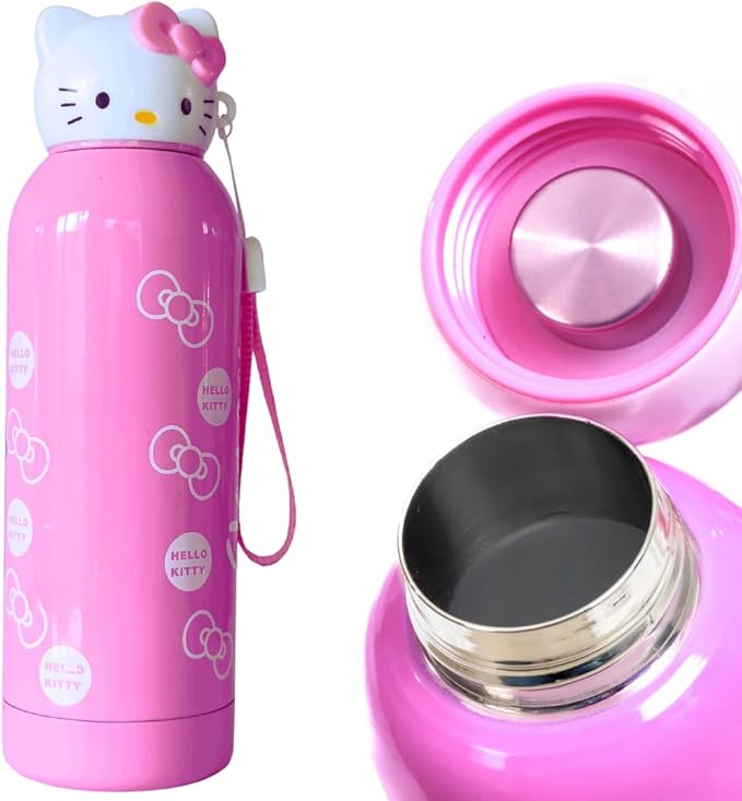 Hello Kitty 400 ml Insulated Water Bottle for Kids – Stainless Steel with 6-12h Heat Preservation with Sanrio Keychain (Pink)