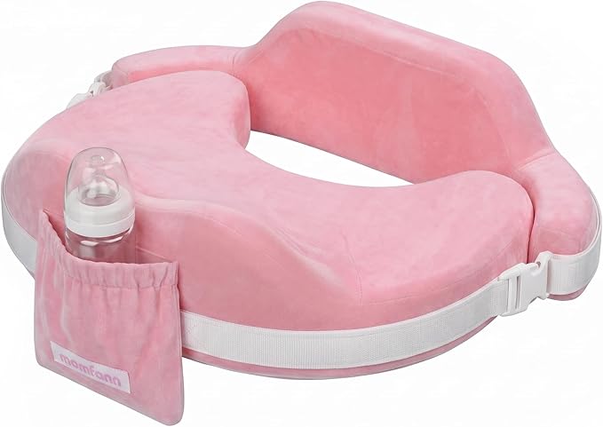 MOMFANN Nursing Pillow for Breastfeeding, 60D Firm Memory Foam, Ergonomic Lumbar Support & Safety Fence, Wider Cushion for Back Pain Relief, Adjustable Strap, Removable Machine Washable Cover - Pink