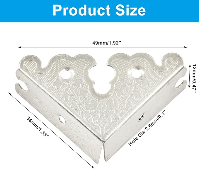 4Pcs Retro Style Decorative Corner Protectors Triangle Vintage Corner Guards with Mounting Nails for Jewelry Box Gift Box Wooden Case(1.33 x1.33 inch,Silver)