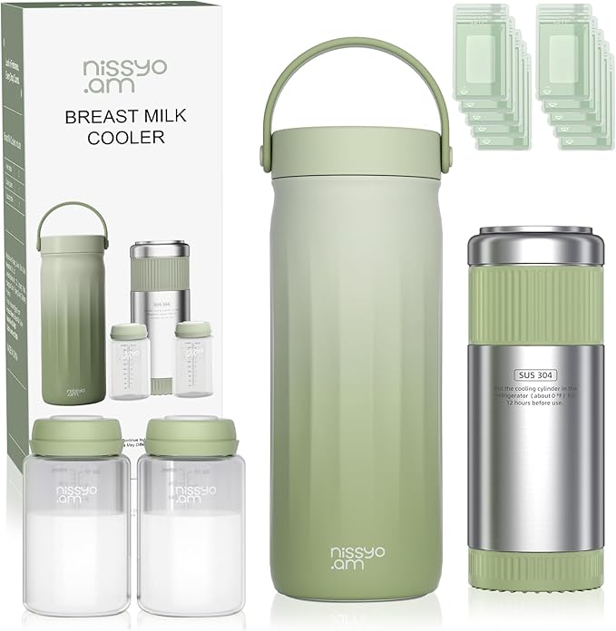 22oz Stainless Steel Breastmilk Cooler - 24Hrs Portable Breast Milk Chiller for Travel, Includes 2 BPA-Free Baby Bottles &10 Storage Bags, Leakproof Thermal Container for Working Moms, Green