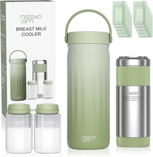 22oz Stainless Steel Breastmilk Cooler - 24Hrs Portable Breast Milk Chiller for Travel, Includes 2 BPA-Free Baby Bottles &10 Storage Bags, Leakproof Thermal Container for Working Moms, Green